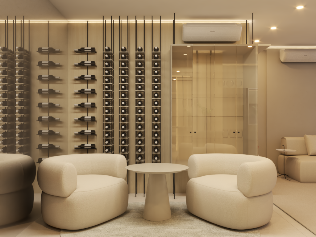 A adega atende ao pedido do casal e funciona como um lindo painel decorativo. Projeto: Maiz Arquitetura.