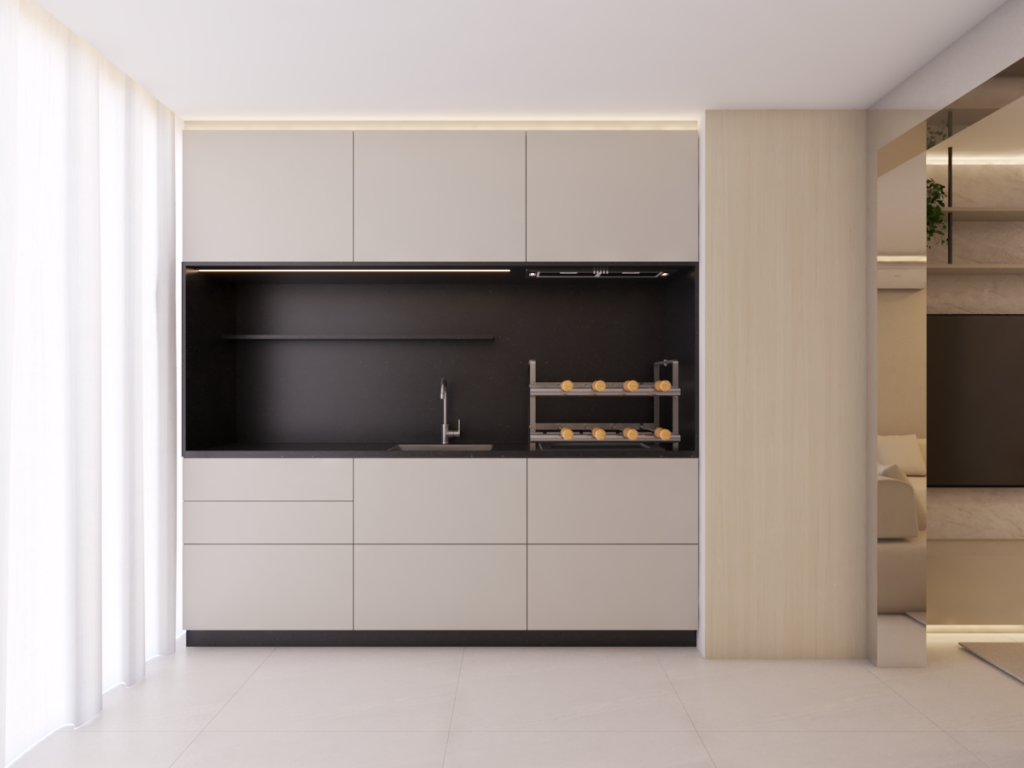 A área gourmet é equipada com bancada escura e amplo armazenamento para os utensílios de churrasco. Projeto: Maiz Arquitetura.