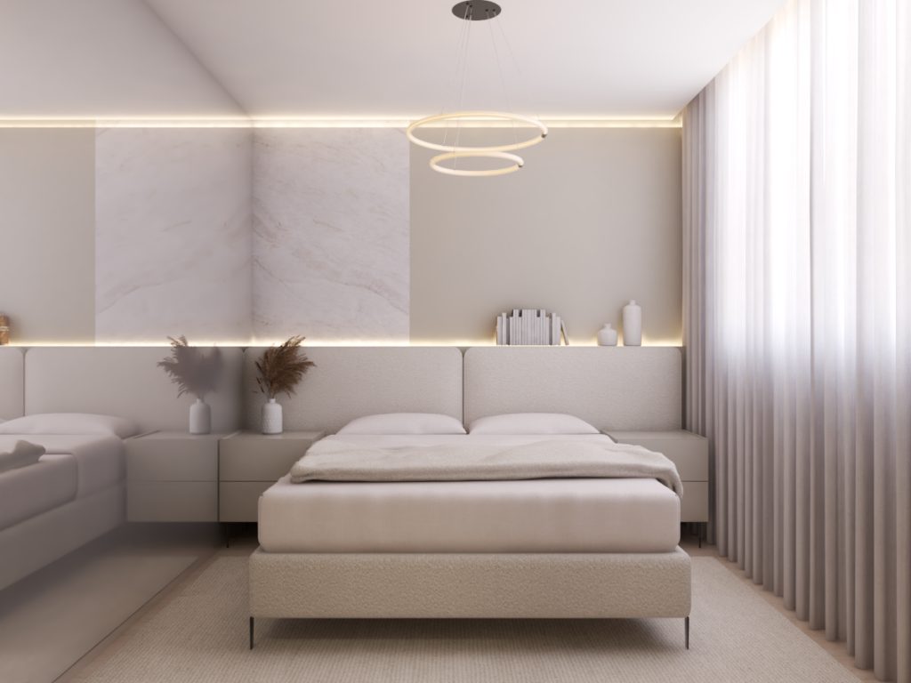 A marcenaria inteligente e o bouclé criam o refúgio ideal para o casal. Projeto: Maiz Arquitetura.