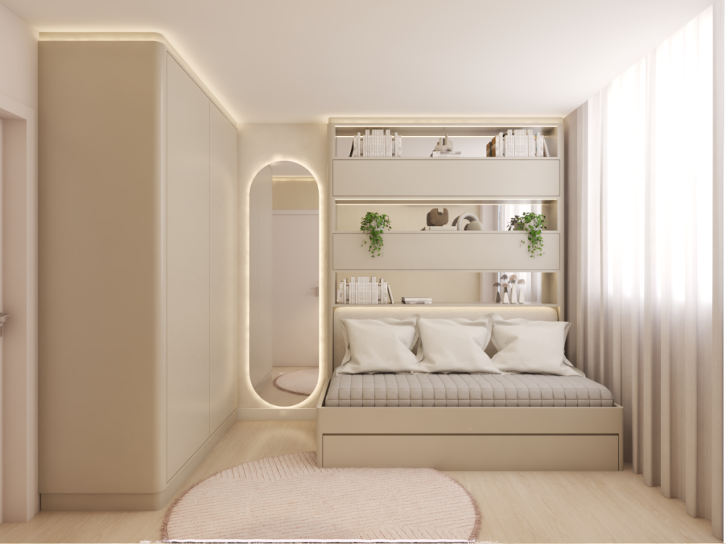 O quarto da filha une as cores neutras da base do projeto com o toque delicado do rosa. Projeto: Maiz Arquitetura.