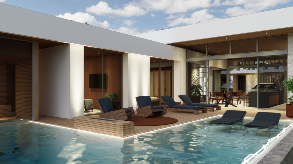 A piscina em "L" com borda infinita é um dos destaques do lazer. Projeto: TEVA Arquitetura.