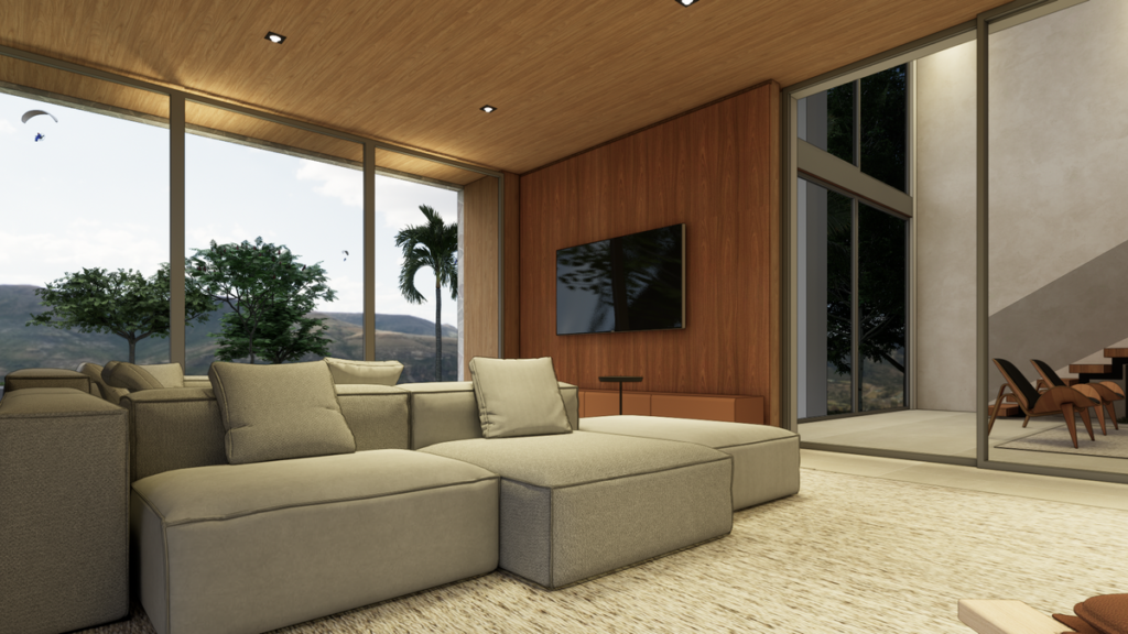 O living prioriza o conforto visual e a conexão com a paisagem. Projeto: TEVA Arquitetura.
