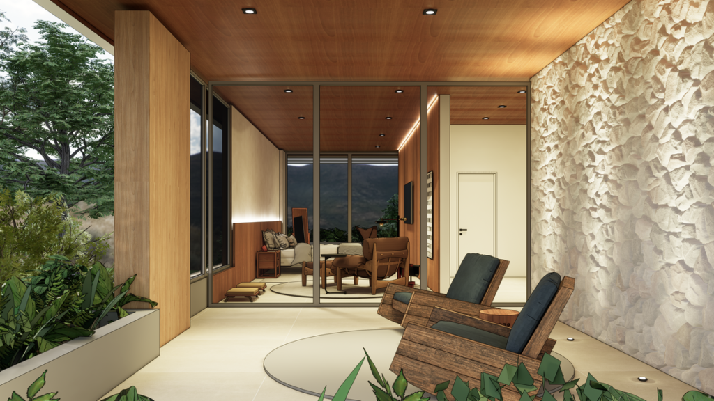 Espaços de transição que convidam à contemplação da Serra. Projeto: TEVA Arquitetura.