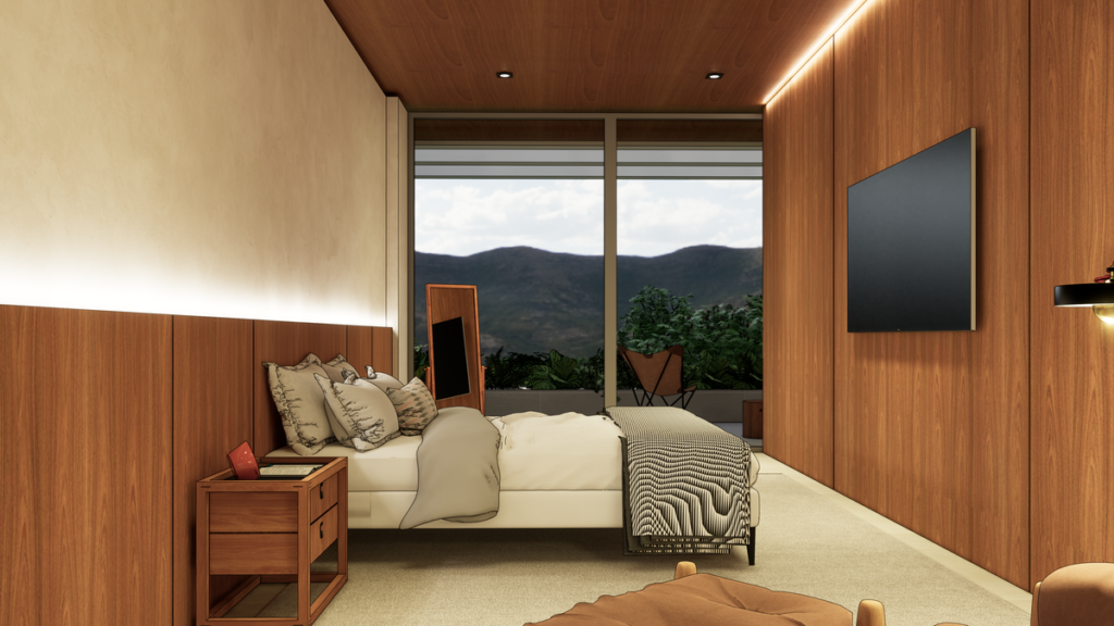 Aconchego e minimalismo marcam o design dos dormitórios. Projeto: TEVA Arquitetura.