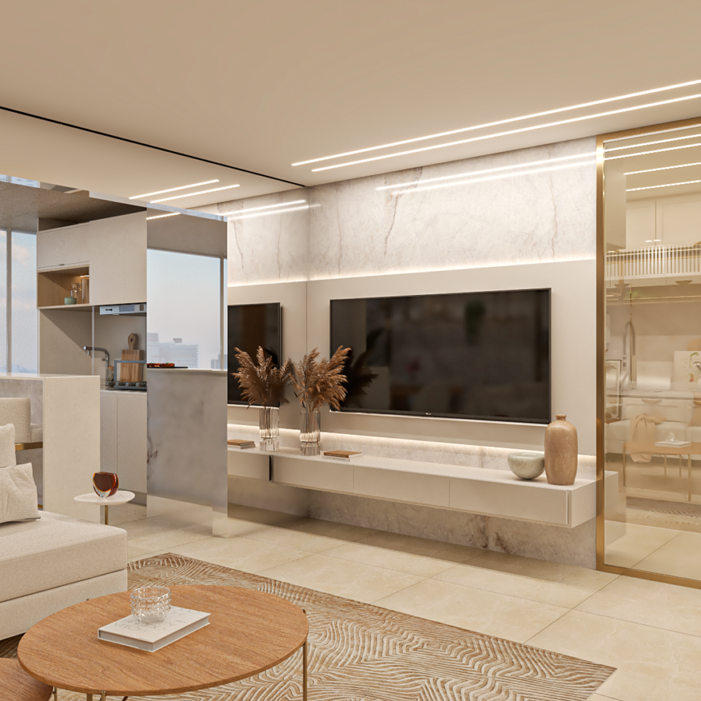 O uso de pedras naturais e iluminação embutida reforça o estilo clássico. Projeto: Marrocos Arquitetura.