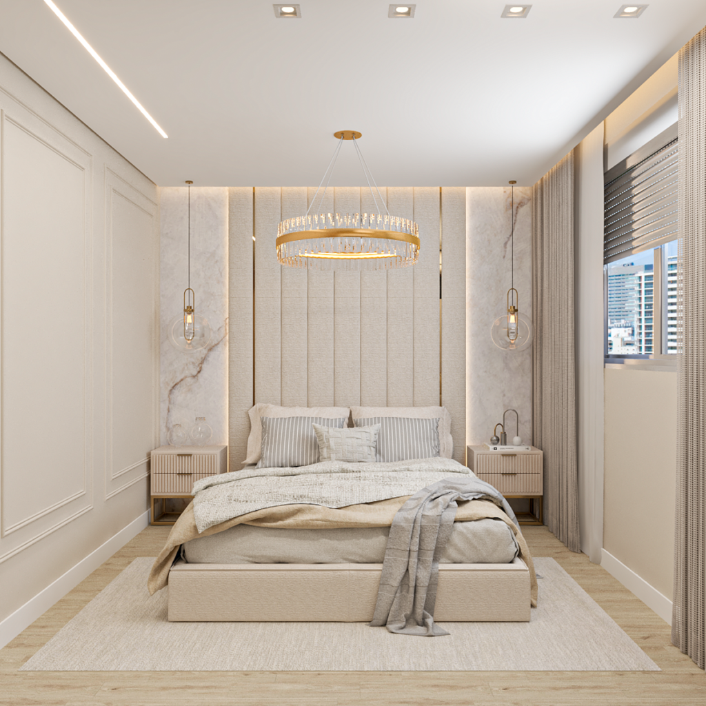 Conforto e elegância definem o dormitório principal. Projeto: Marrocos Arquitetura.