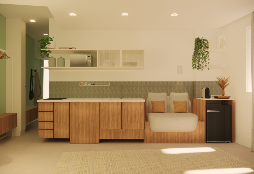 Cozinha funcional com eletrodomésticos embutidos e nichos organizadores. Projeto: Studio Nid