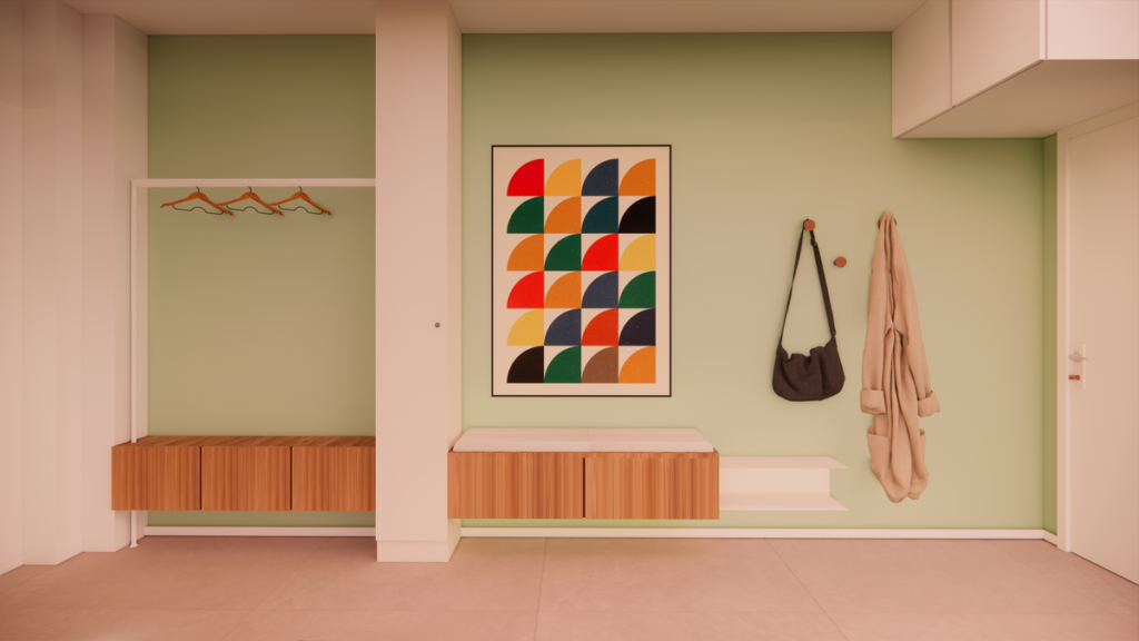 O hall de entrada otimizado oferece praticidade para malas e casacos. Projeto: Studio Nid