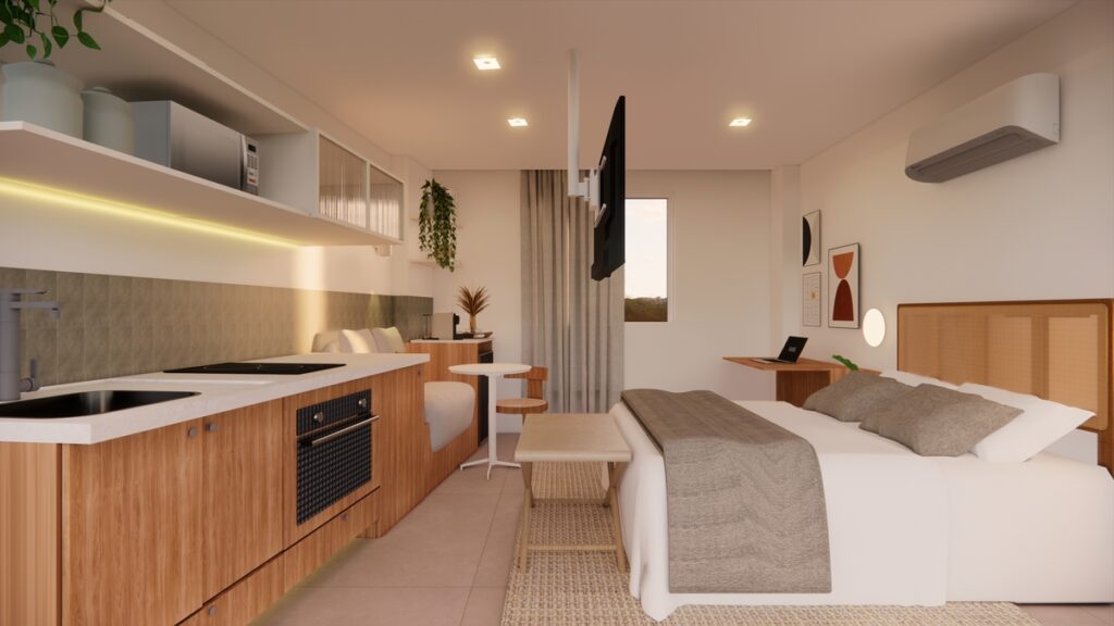 O conforto é prioridade na área íntima, com texturas naturais e iluminação suave. Projeto: Studio Nid