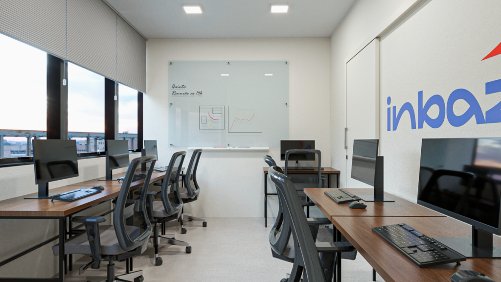 Detalhe da estação de trabalho com foco em organização e troca criativa. Projeto: Studio Faccio