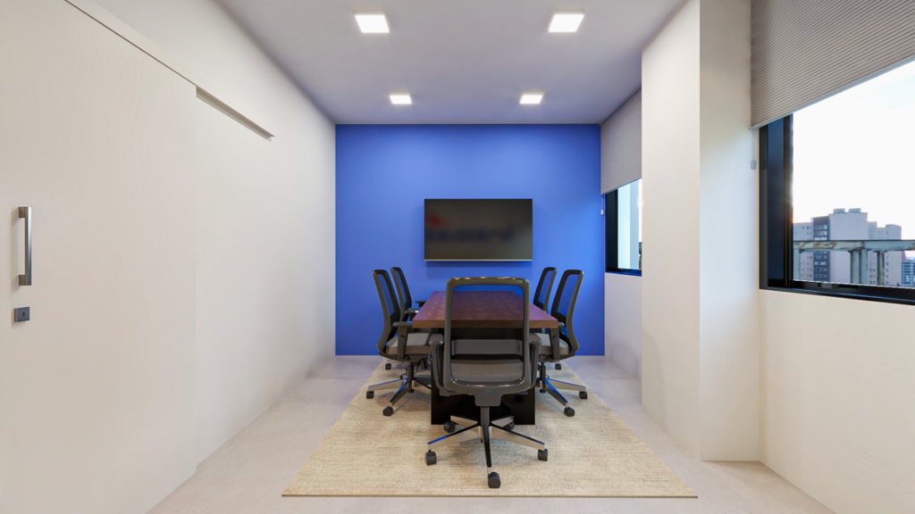 Sala de reunião preparada para encontros presenciais e remotos. Projeto: Studio Faccio